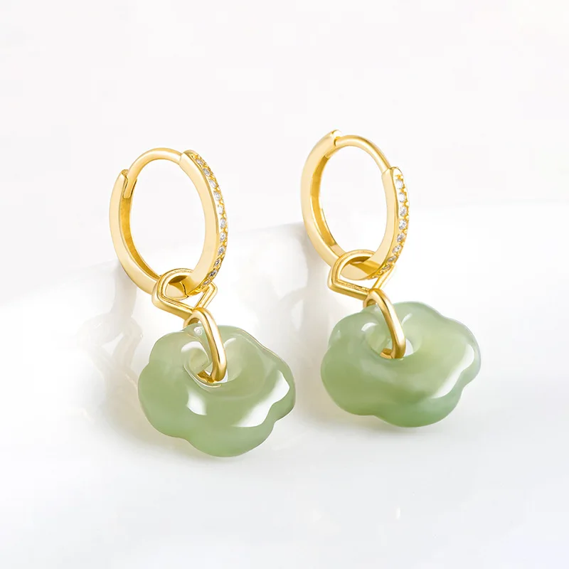 

Authentic S925 Silver Inlaid Hetian Jade Ruyi Ear Drops Luxury Design Women's Green Gemstone Jewelry