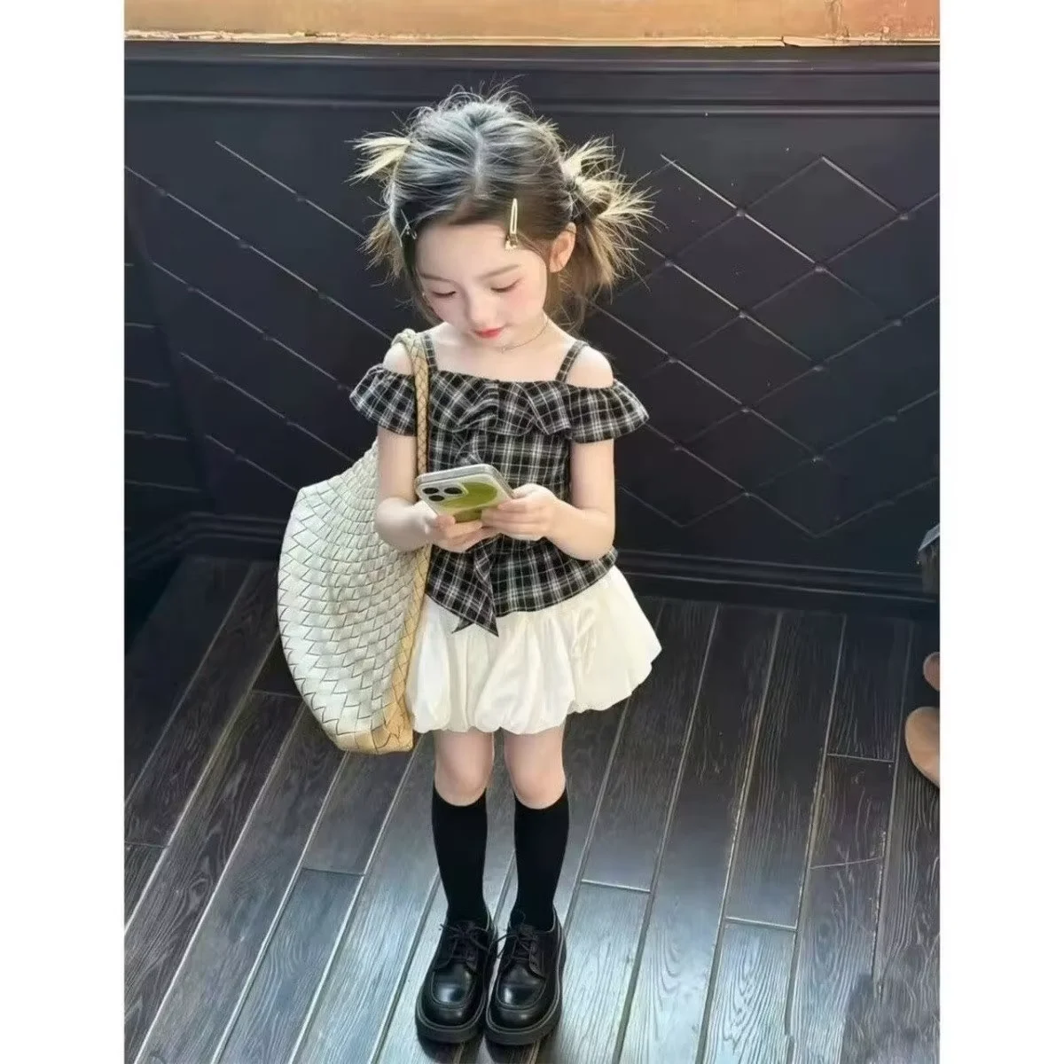 Girls' Summer Set 2026 New Children's Sweet Cool Style Pattern Lotus Leaf Collar Strap Top+Flower Bud Skirt Two-piece Set