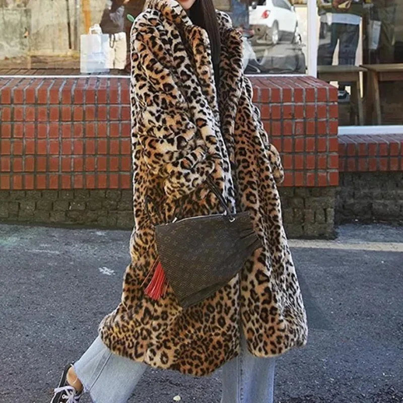 European and American Long Imitation Fur Coat Leopard Printed Thickened Plush Warm Coat Street Style Fashion Top