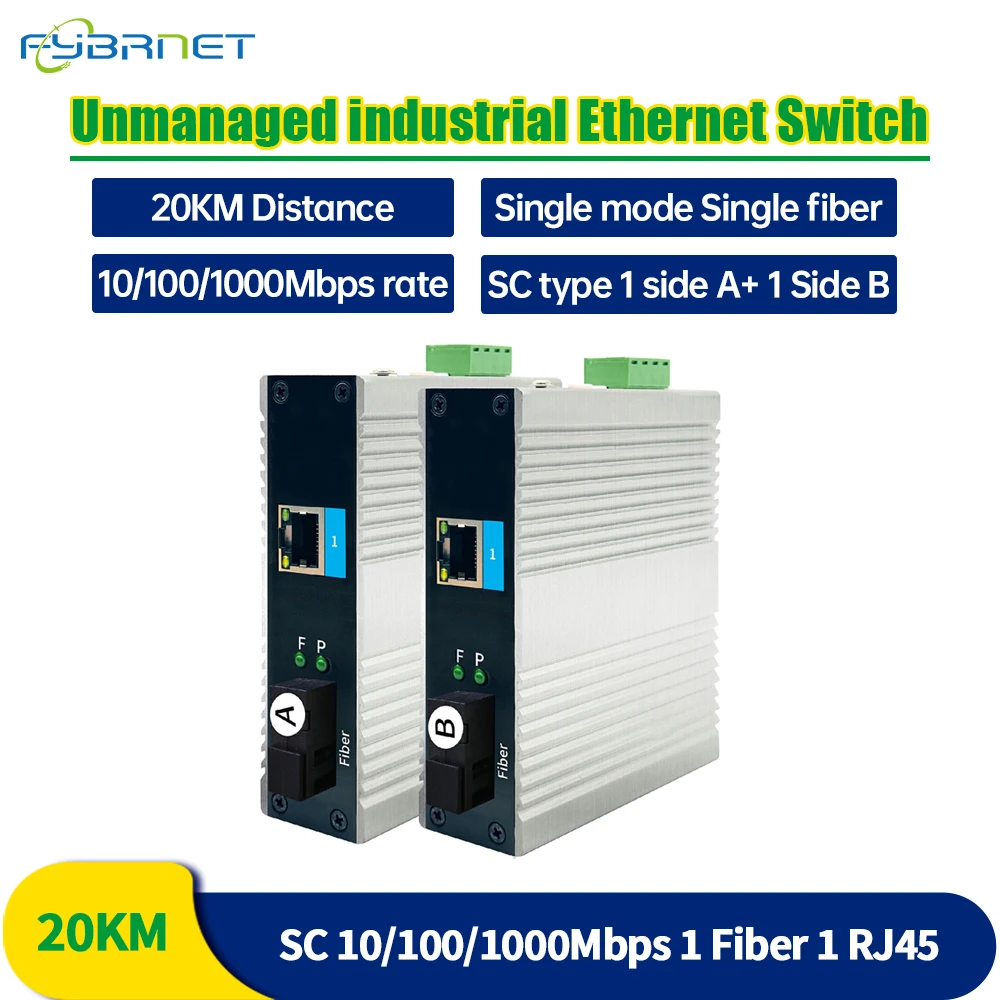 SC 2 port 20KM 1 optical and 1 electrical single mode single fiber A/B Gigabit dual power industrial Ethernet switch