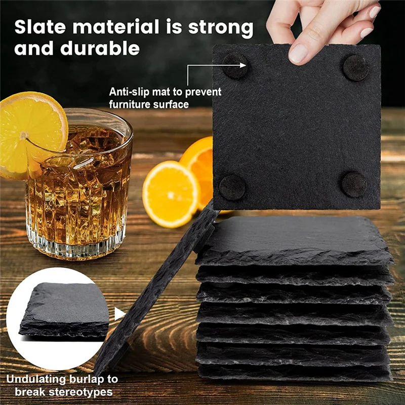 12PCS Slate Coasters Bulk 4 Inch Square Black Slate Stone Coaster Handmade Drink Bar Slate Coasters with Shelves-A22G