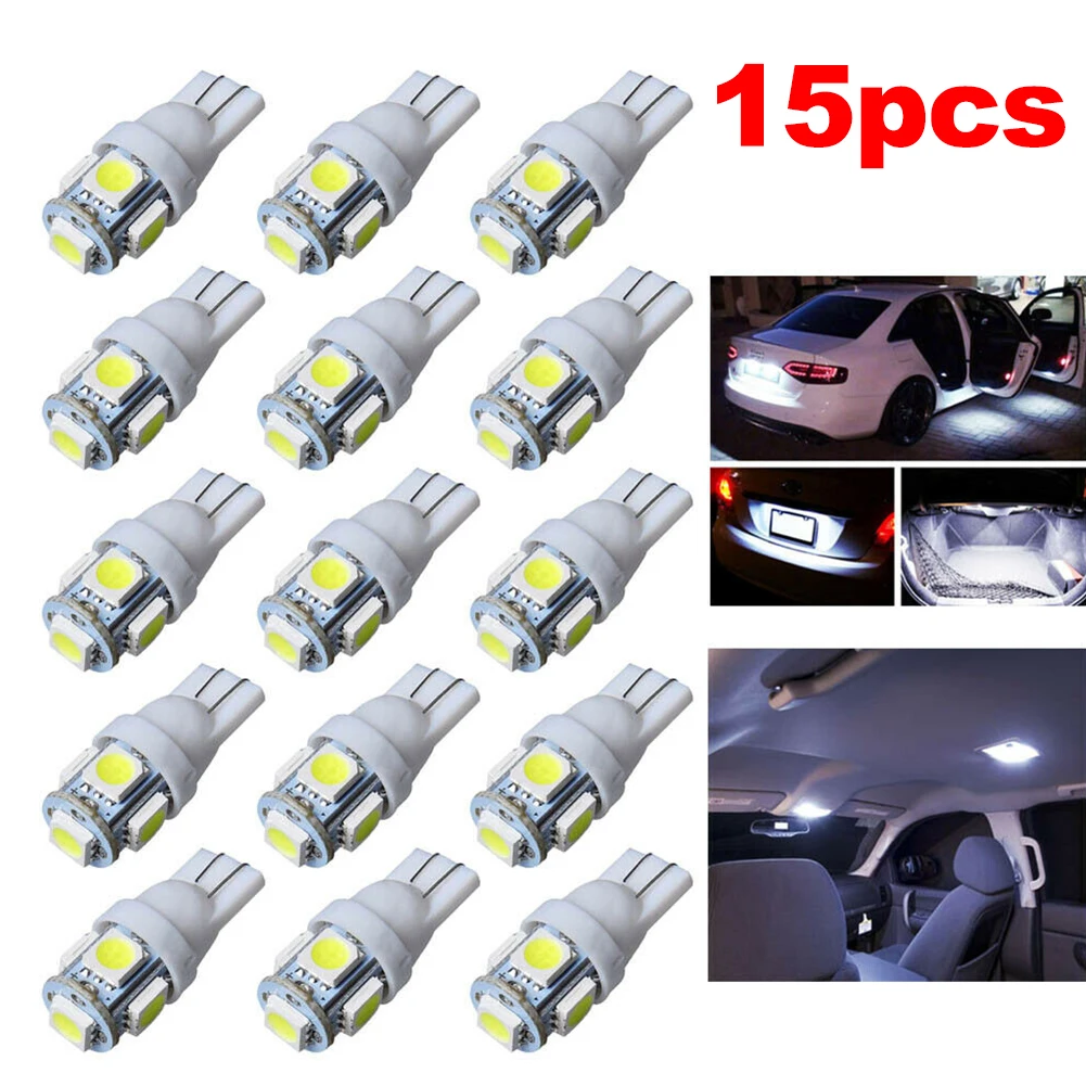 

15pcs Car T10 White LED 5050 5smd Wedge Light Bulb Auto Accessories W5W 12V Turn Parking Signal Lamps For BMW VW Tesla Benz