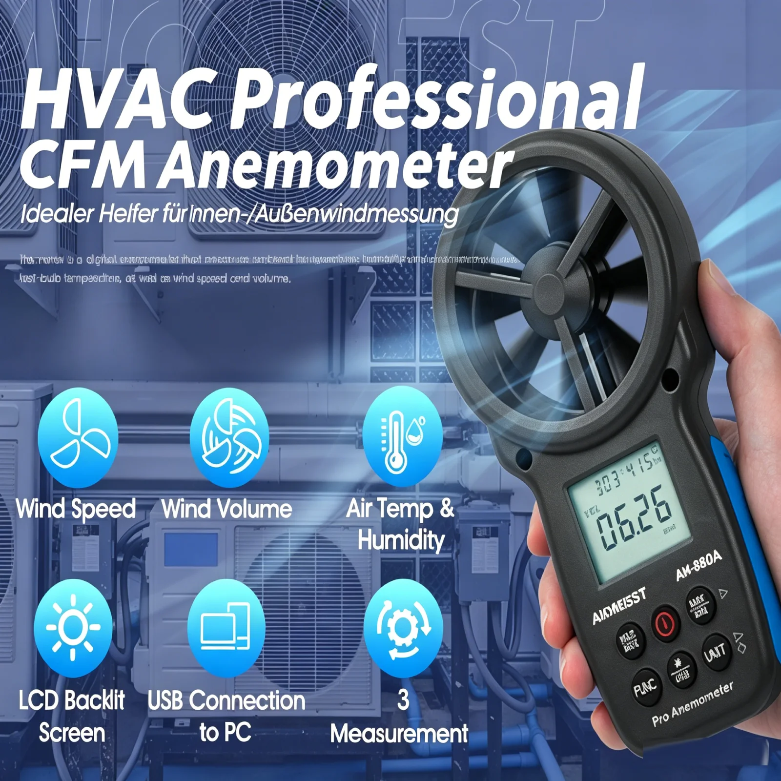 

866A Anemometer 8-Leaf Wind Vane 0.3~40m/s USB Data Logger Backlit LCD Handheld Wind Meter with PC Software for HVAC Drone