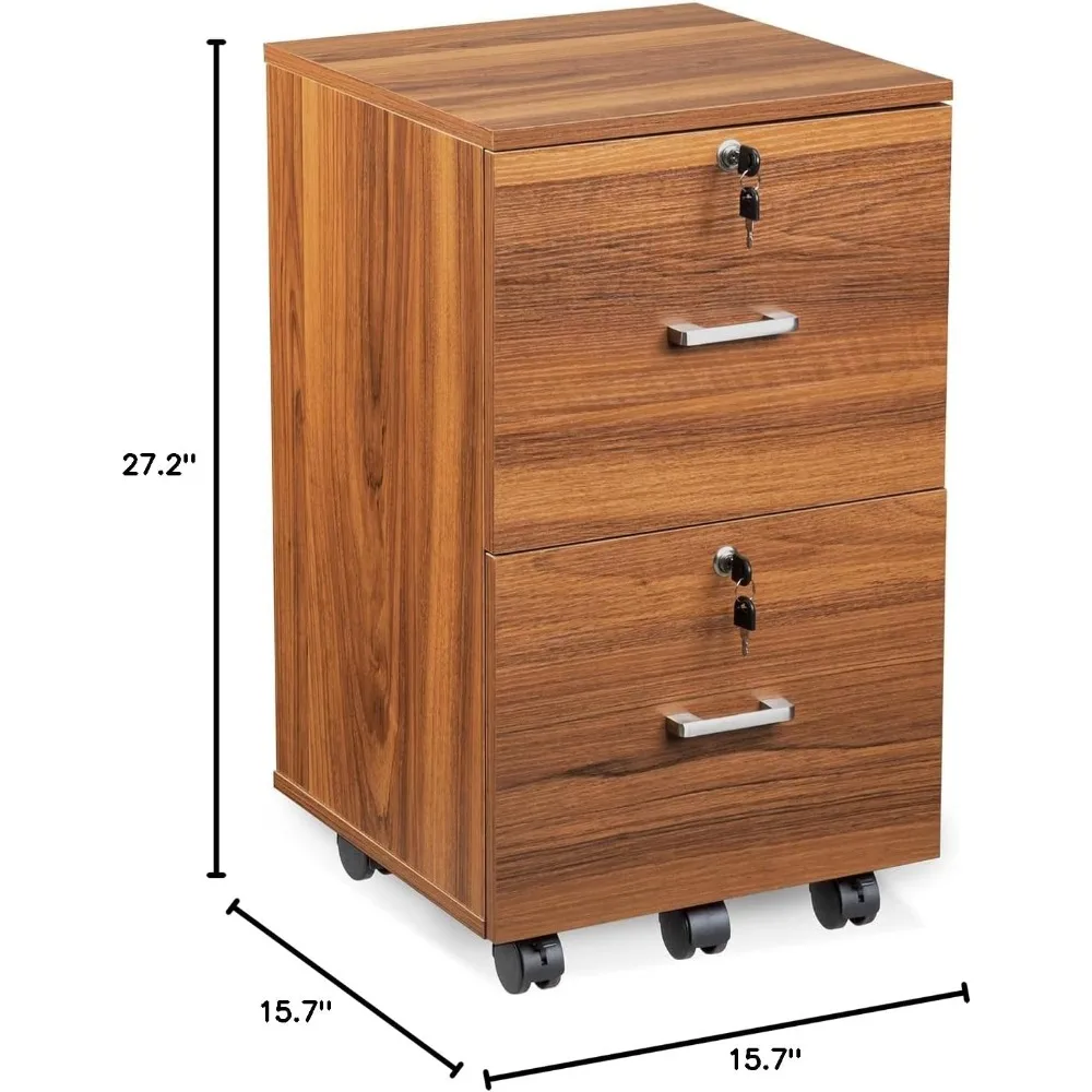 2 Drawer File Cabinet with Lock, Wood Grain Walnut File Cabinet for Letter Size File Folders with Tabs