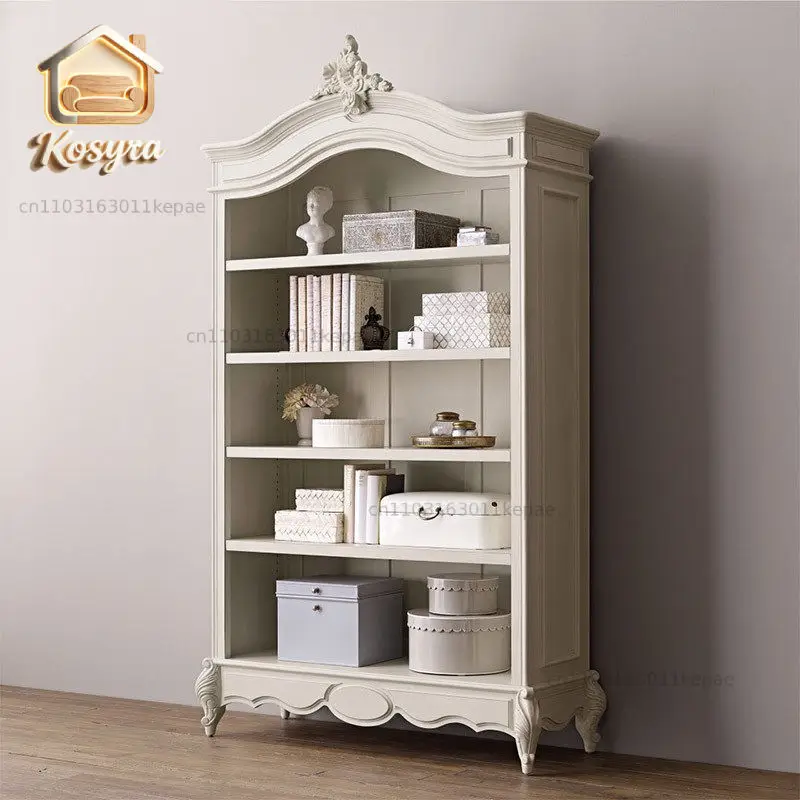 French Retro Solid Wood White Bookcase Bookcase Bookshelf American Country Quality Oak Carved Locker Display Cabinet