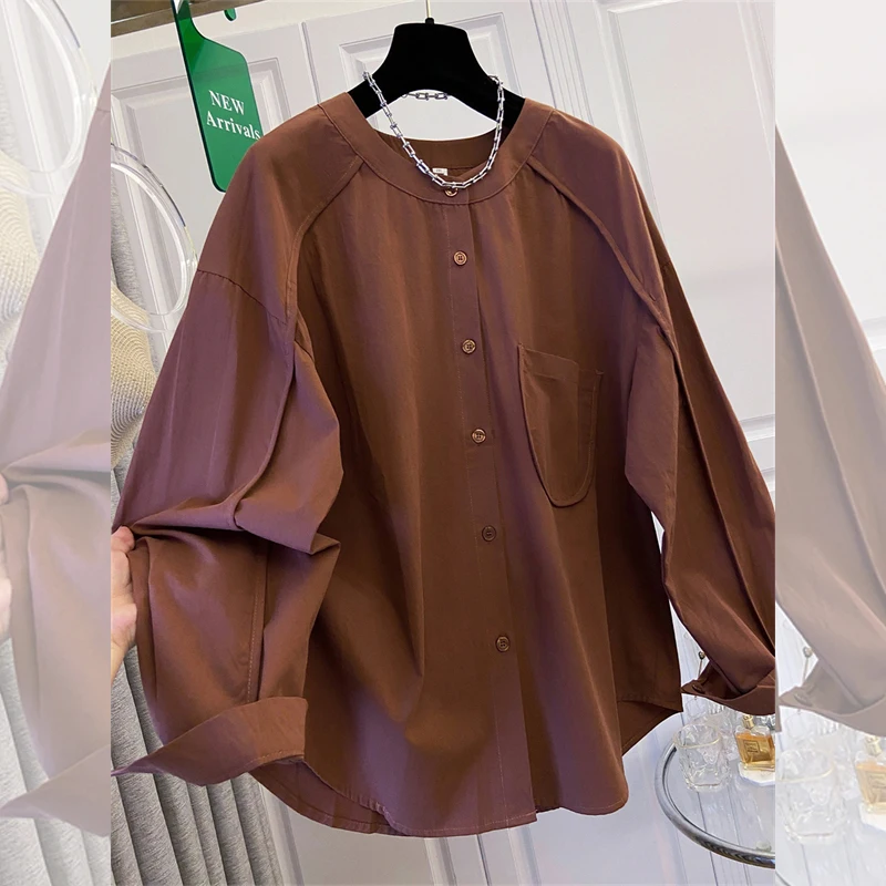 Manga longa único breasted bolso design versátil camisa 2025 primavera outono nova maré feminina simples blusas oversize