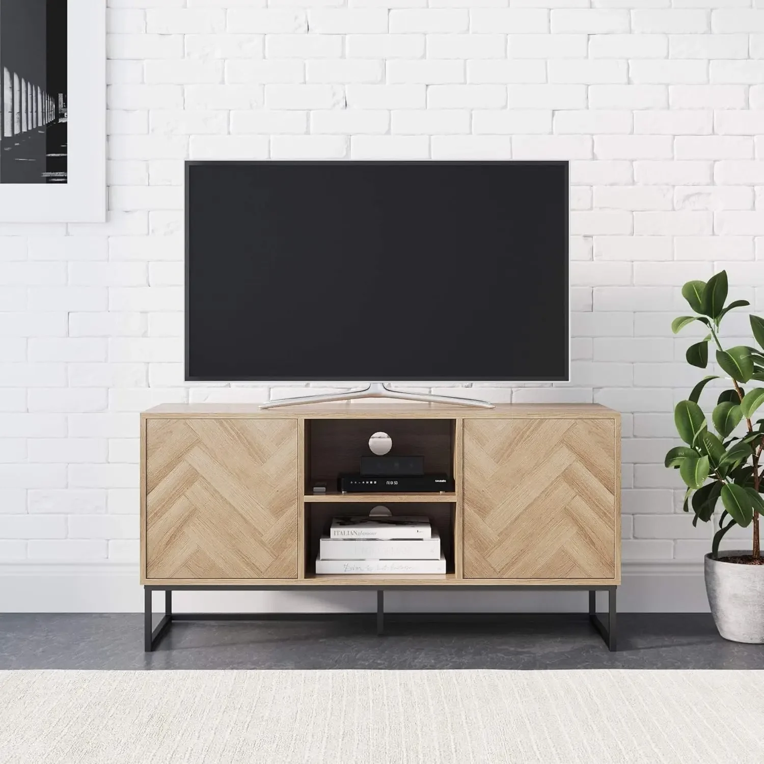 James Dylan Media Console Cabinet or TV Stand with Doors for Hidden Storage in a Natural Reclaimed Herringbone Wood Patte