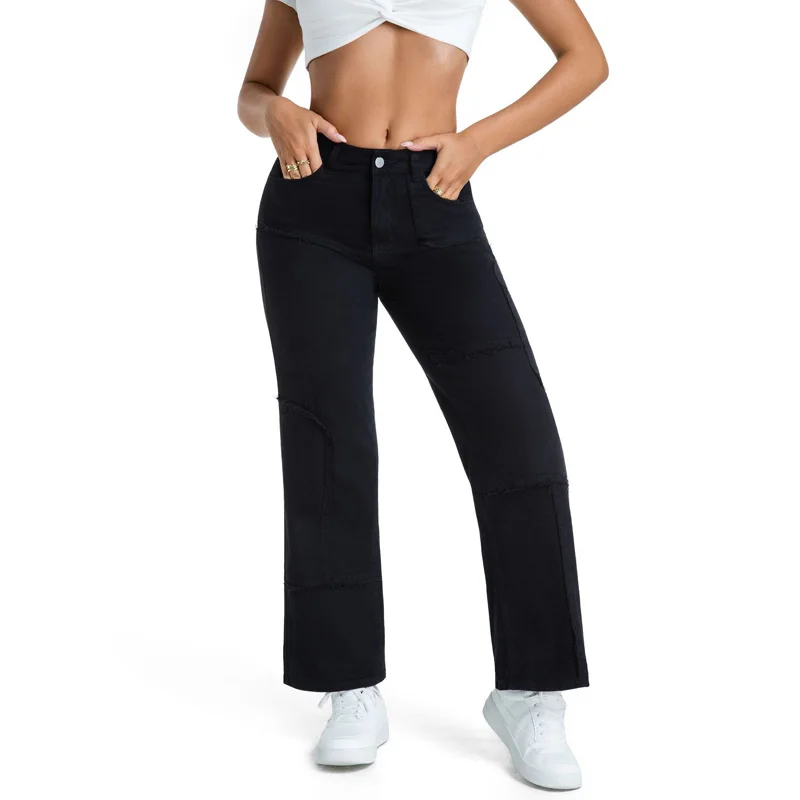 Celana Jeans Wanita Model Straight-cut Low-rise Open Crotch Pinggang Sedang Raw Trim Patchwork Fashion Wanita 2025 Streetwear Retro Terbaru