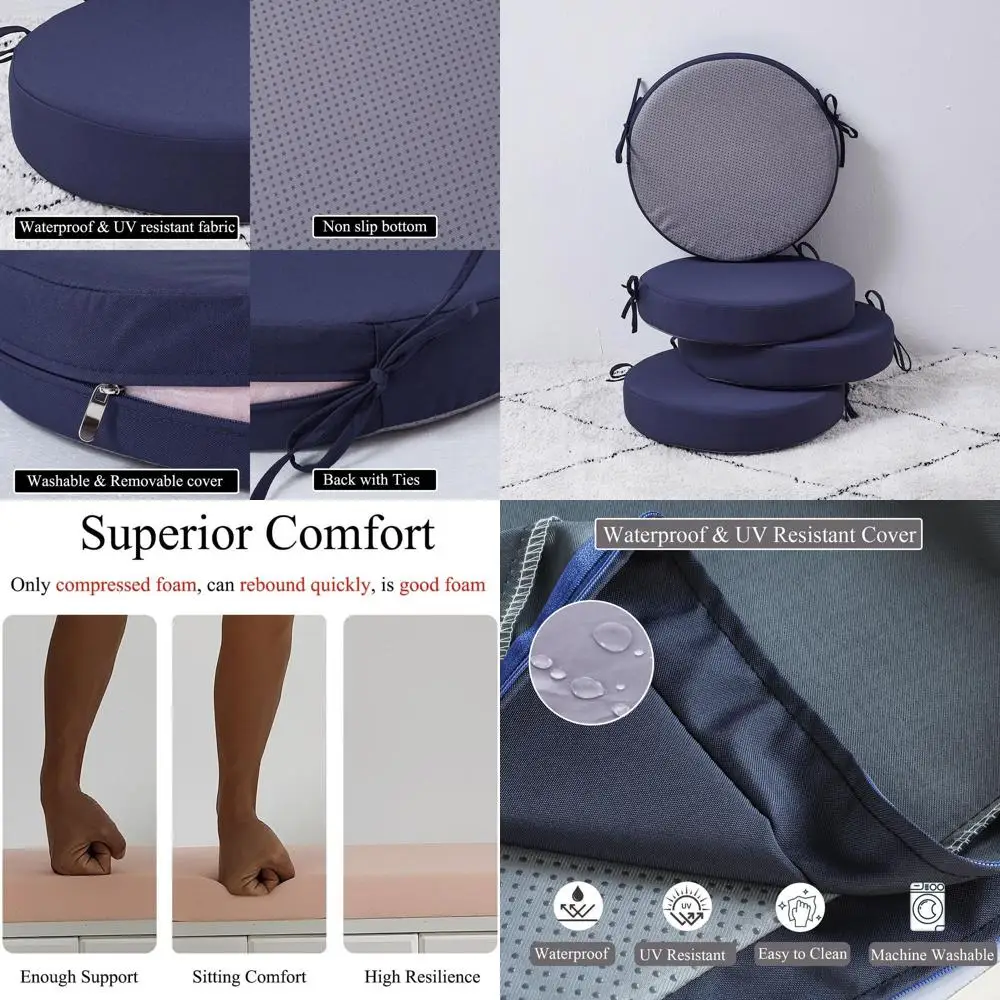 

Набор из 4 темно-синих подушек для уличных стульев-бистро, 15x15 дюймов, водонепроницаемые, нескользящие, с завязками