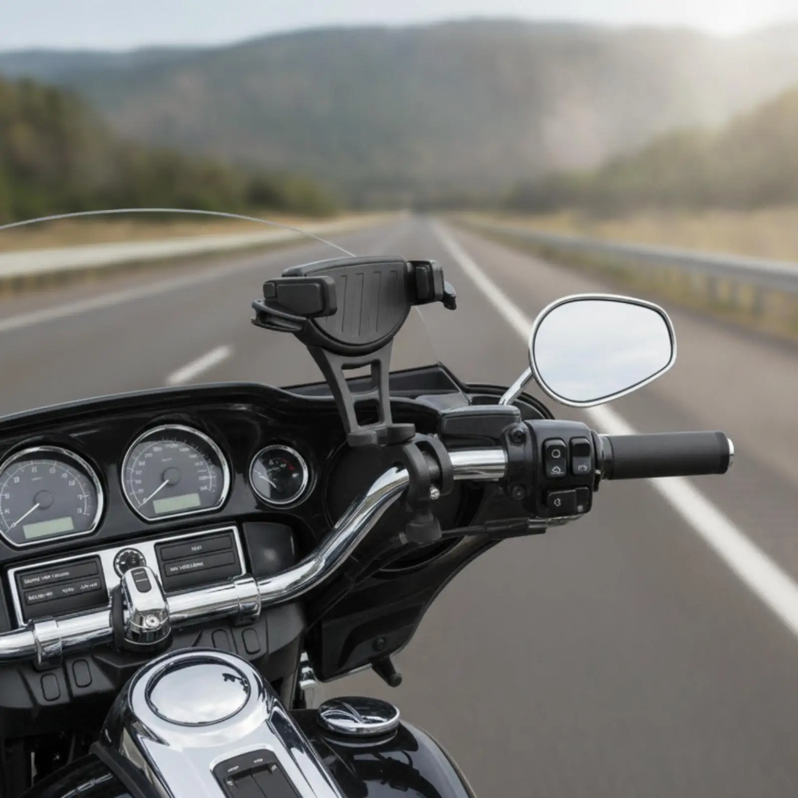 Motorcycle Phone Support with Side Clamps and Cylindrical Spacers for Vertical Bolt Spacing 1-1/16 to 1-11/16 Inches