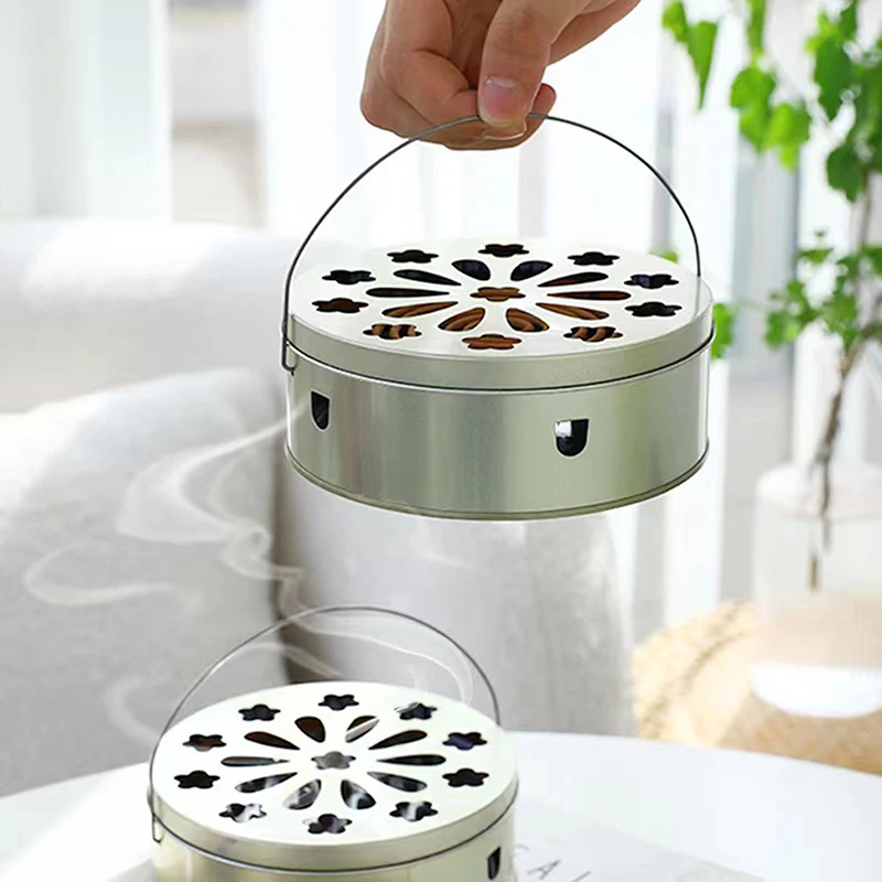 

Mosquito Coil Box Hangable Leaky Lid Stainless Handle Design Open Flame Proof Fly Repellent Incense Burner Household Supplies