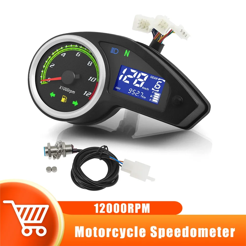 Motorcycle Digital Speedometer 12000RPM Taachometer Odometer LCD Digital Instrument with Fuel Gauge for 12v Motorcycle