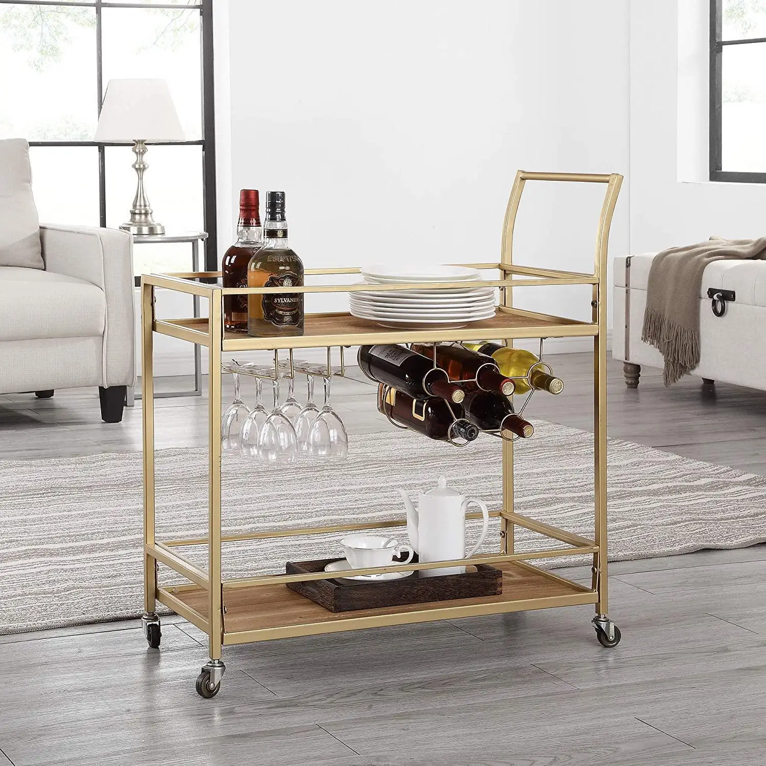 US- 2-Layer Bar Serving Cart with Wine Rack and Glass Holder Wheeled Metal Frame USA