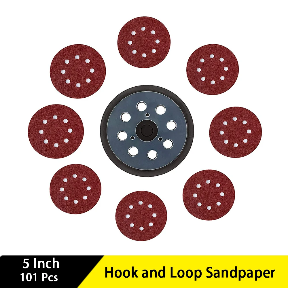 

5 Inch 8 Hole Hook and Loop Sandpaper 101 Pcs with Sander Pads Assorted 40/60/80/120/180/240/320/400 Grits for Polishing Wood