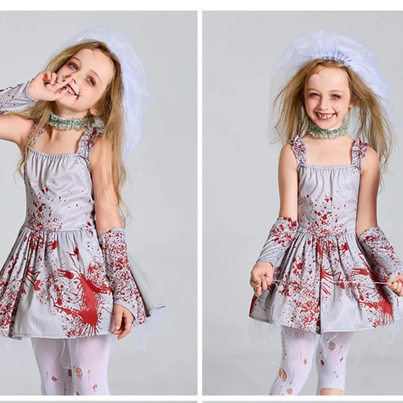 Halloween Corpse Bride Scary Girls Cosplay Costume Kids Children Bloody Walking Dead Zombie Carnival Party Role Play Dress Up UY