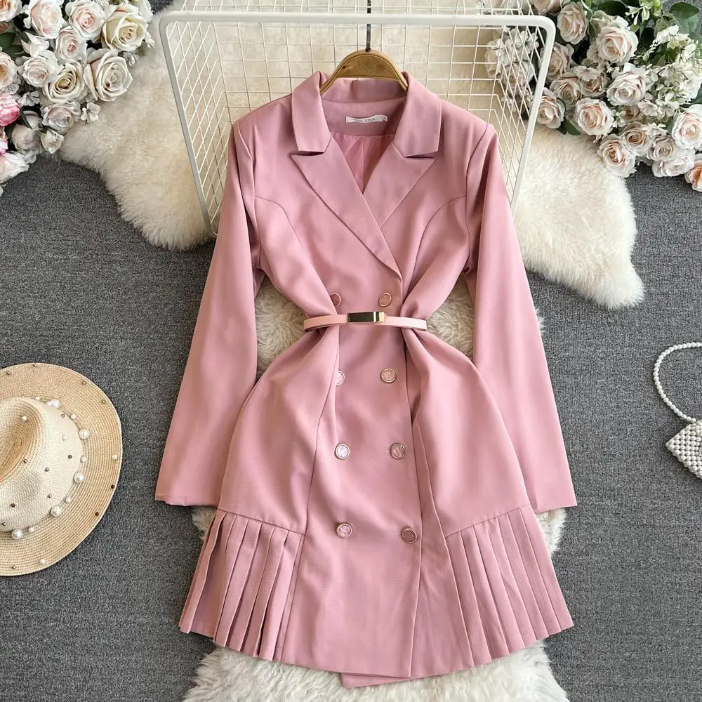 Fashion Designer Double Breasted Blazer Dress Women Notched Long Sleeve Chic Slim Pink Mini Short Casual Vestidos Robes