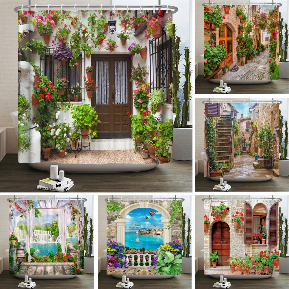 Garden Flowers Scenery Shower Curtains Bath Curtain Waterproof Bathroom Home Decor Washable Fabric Bathroom Screens