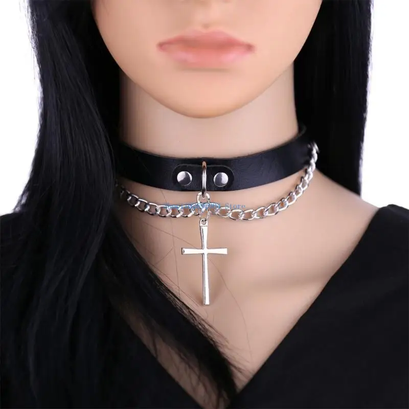 

N7YF Metal Chain Leather Punk Choker Necklace Gothic Collar Neckband for Womens