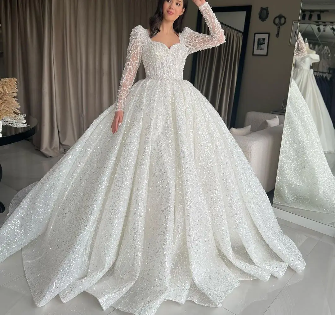 Sparkly Ball Gown Wedding Dresses Long Sleeves V Neck Sequins Beaded Appliques Lace Ruffles Zipper Bridal Gowns Vestina De Novia