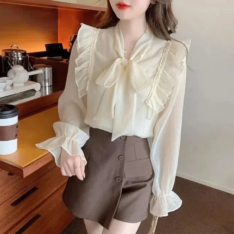 Bow Tie Tied Chiffon Shirt for Women Versatile and Stylish with Ruffled Flared Sleeves as the Base and Top