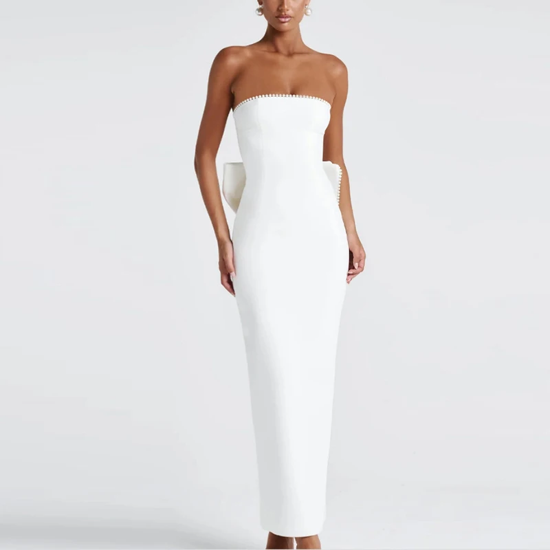 เซ็กซี่ชุดราตรีผู้หญิง 2025 ฤดูร้อนPearl Bow ClubพรหมMaxiชุดยาวElegantแขนกุดBackless Bodycon Vestidos