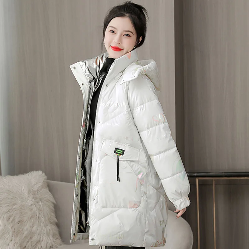 Bright Face Women Down Cotton Jacket Hooded High Street Fashion Korean Print Parkas Winter Female Loose Casual Thicken Coat