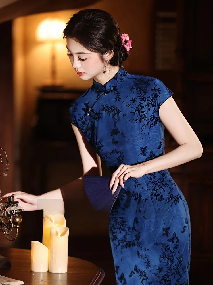 

Новое китайское ретро-платье ципао для молодых женщин, простое, высококачественное, улучшенное, миди, с низким разрезом, короткий рукав