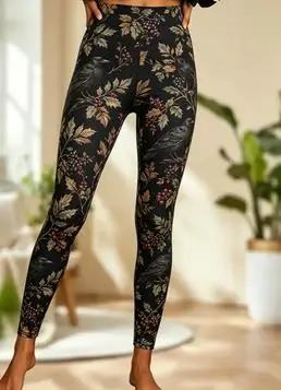 Women's Mid Waist Fleece Lined Leggings Vintage Bird Leaf Berry Print Slim Fit Stretch Long Pants
