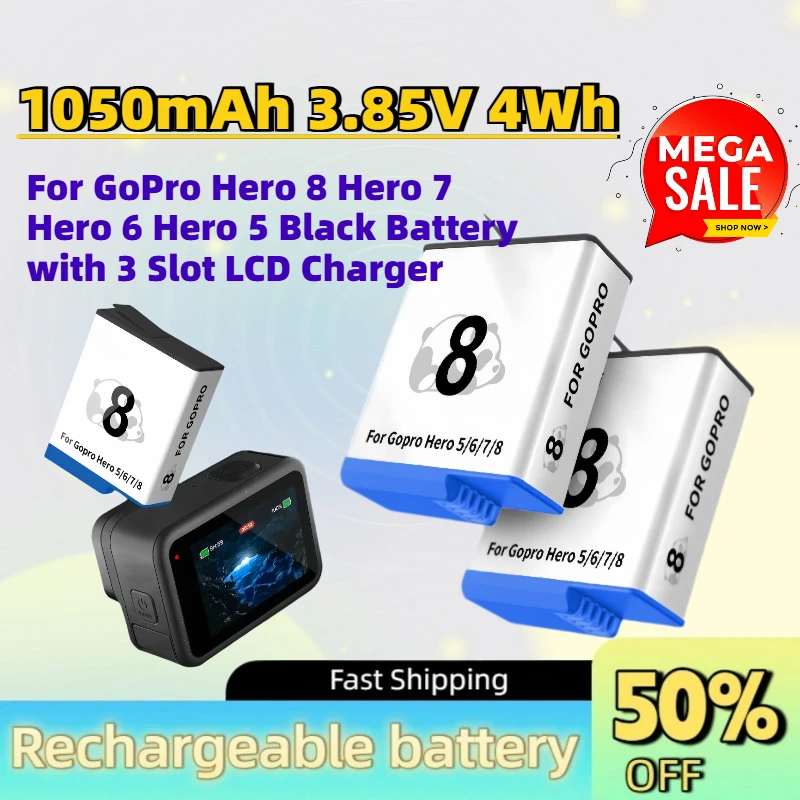 Hot Sale 1050mAh 3.85V 4Wh Digital Li-ion Battery for GoPro Hero 8 Hero 7 Hero 6 Hero 5 Black Battery with 3 Slot LCD Charger