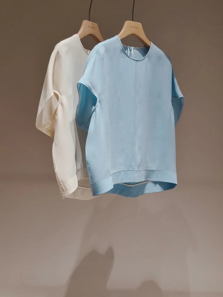 

Duetto Silk Shawl Collar Short Sleeve Shirt Simple round Neck Fly Sleeve Commute Style Straight Cut Chinese Production Summer...