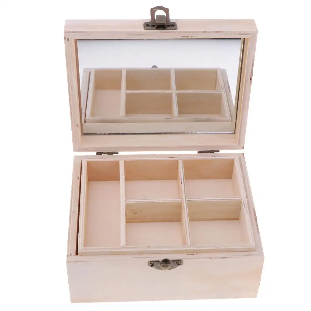 Mirrored Makeup Organizer Plain Wooden Storage Box Wood Jewelry Case Display for Home Room Shop Decor