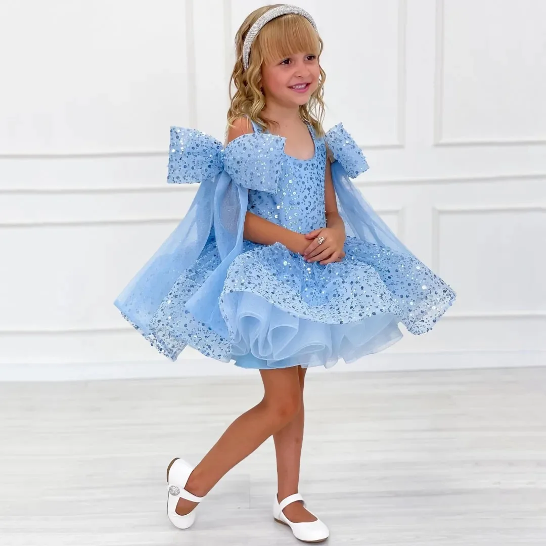 Customized Blue Flower Girl Dress For Wedding With Bows Sequins Knee Length Kids Birthday Party First Communion Ball Gowns