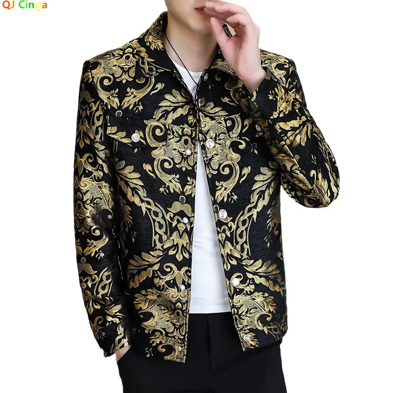 

Spring 2026 Men's Black Long-sleeve Notched-collar Jacket with Gold Embroidery Detailing, Asian Sizes Green Slim-Fit Coat M–3XL.