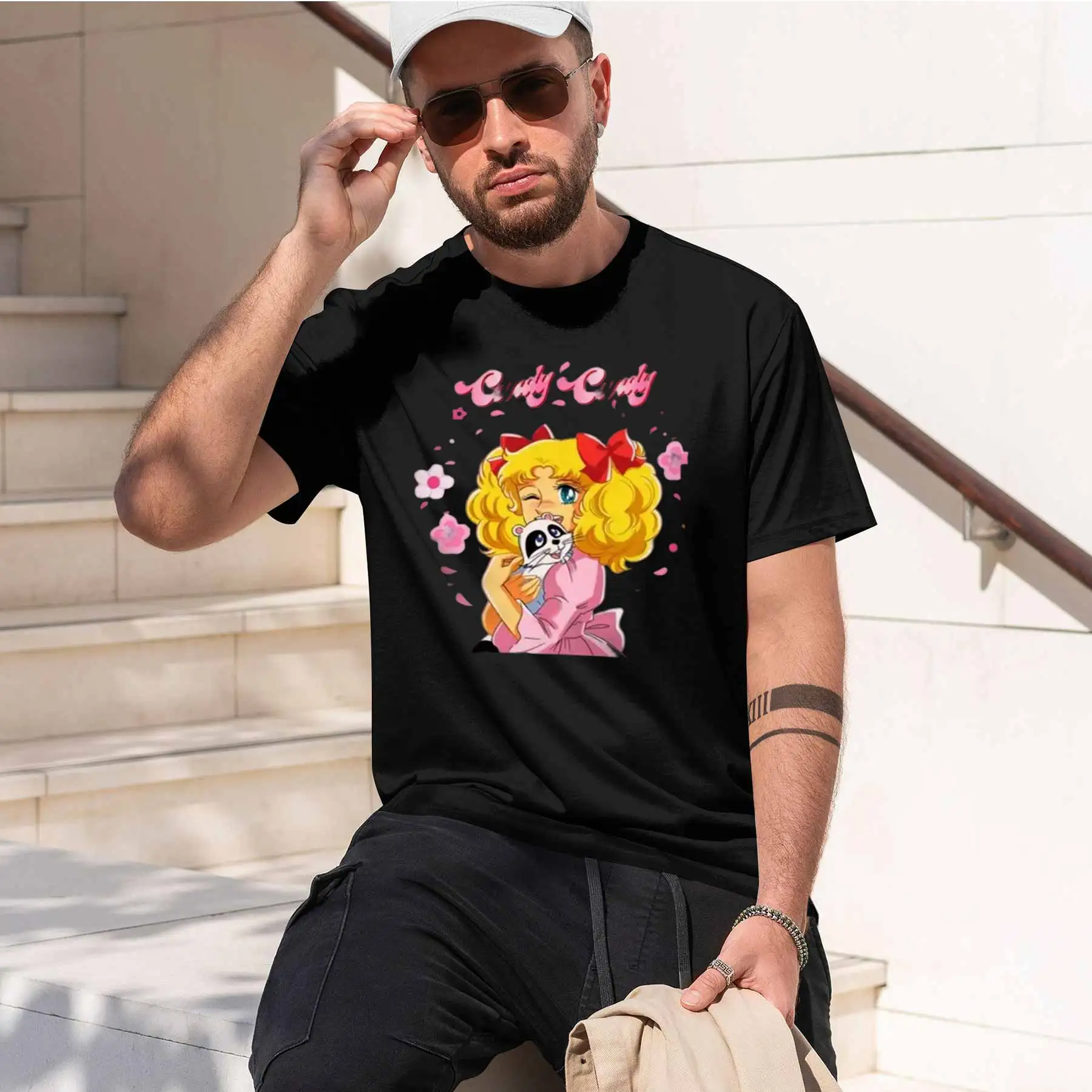 new printed T-shirt printed with  Vintage Candy Candy Printed Men's T-Shirt Classic Anime Peripheral Casual Loose Crewneck Short