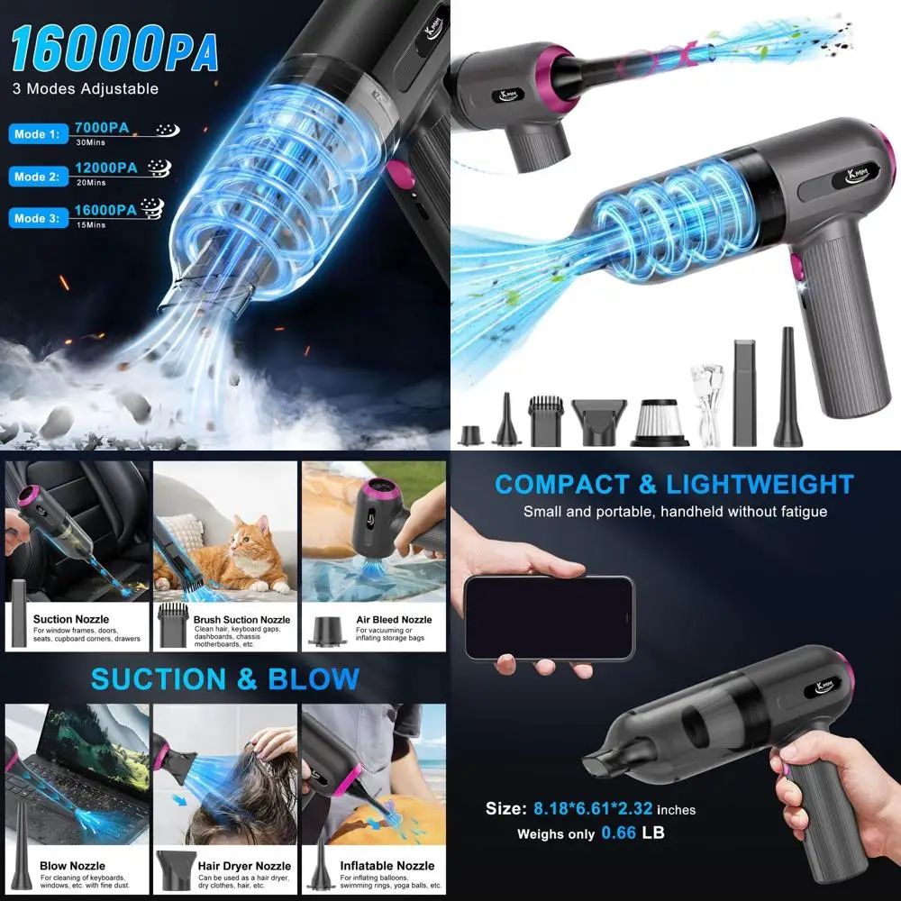 

Мощный автомобильный пылесос 4-в-1, 16000 Па, 120 Вт, с регулируемой скоростью, LED-подсветкой и многофункциональными насадками для авто и дома