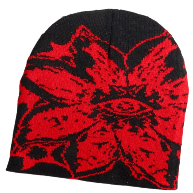 Unisex Jacquard Eye Flower Pattern Knitted Hat Fashionable Winter Warm Hiphop Bonnet Skull Hat for Men and Women