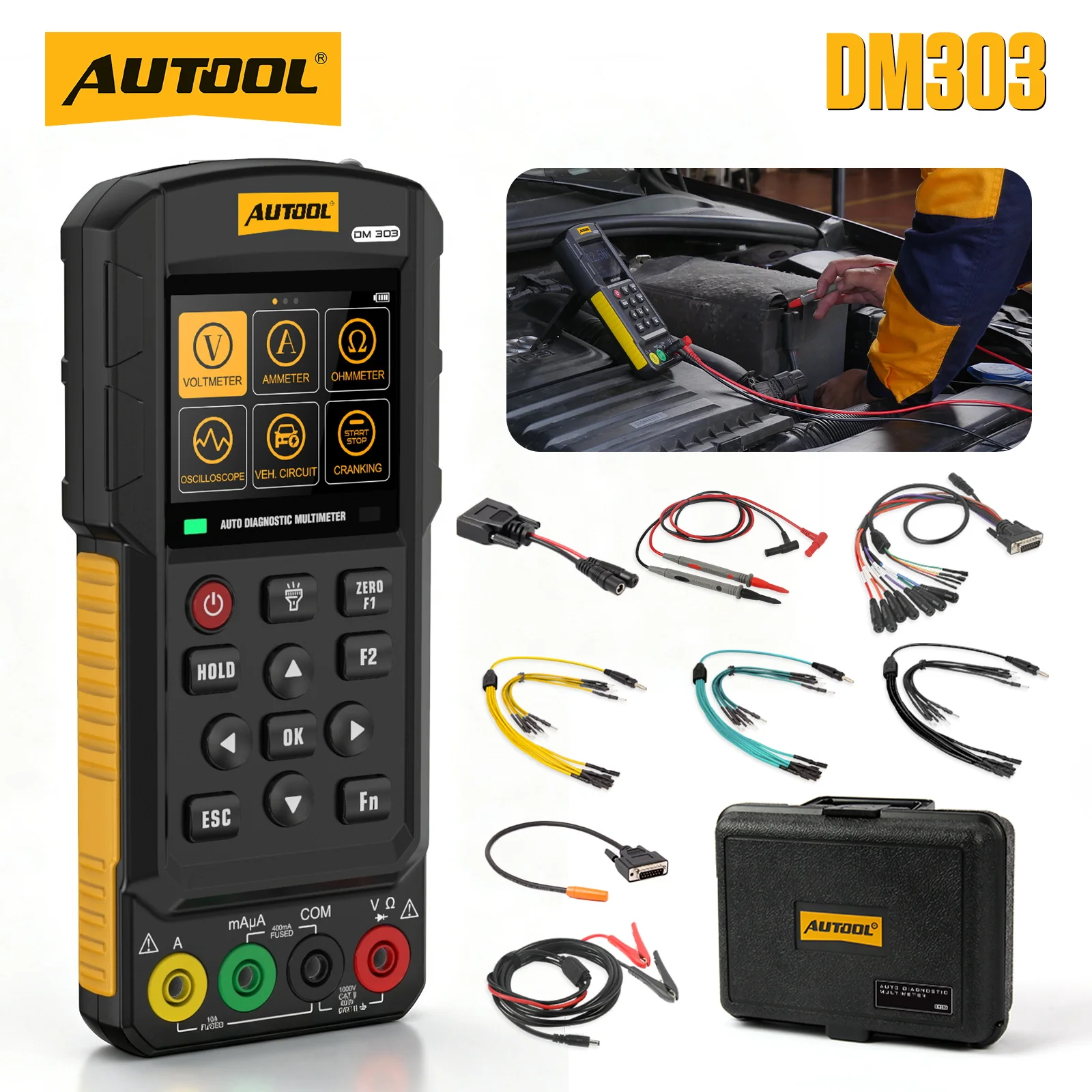 AUTOOL DM303 Multimetro Diagnostico Auto con Oscilloscopio, Tester di Tensione AC DC, CAN, Iniettori, Relè, Diodi, Resistenze e Circuiti di Avviamento
