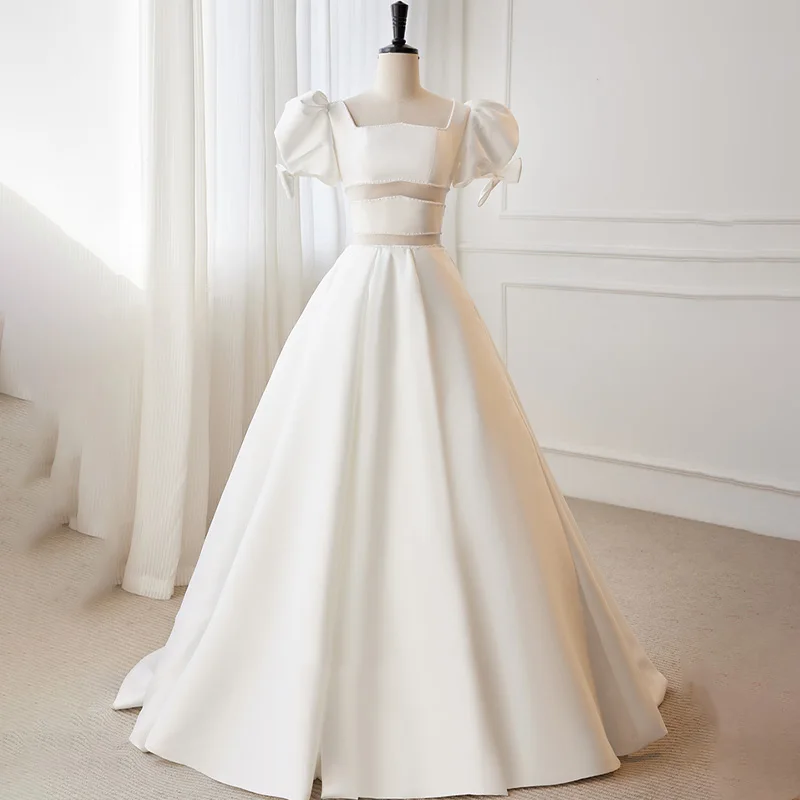 

Evening Dress Square Collar Short Sleeves Floor-Length White Satin Lace Up Pleat A-Line Elegant Party Formal Dresses Woman B2796