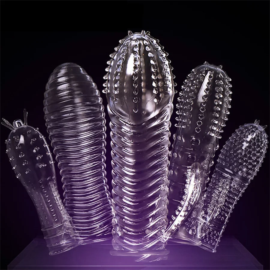 9 Types Transparent Crystal Reusable Condom Clit Massager Delay Ejaculation Male Extension Enlargement Penis Sleeve Sex Toys