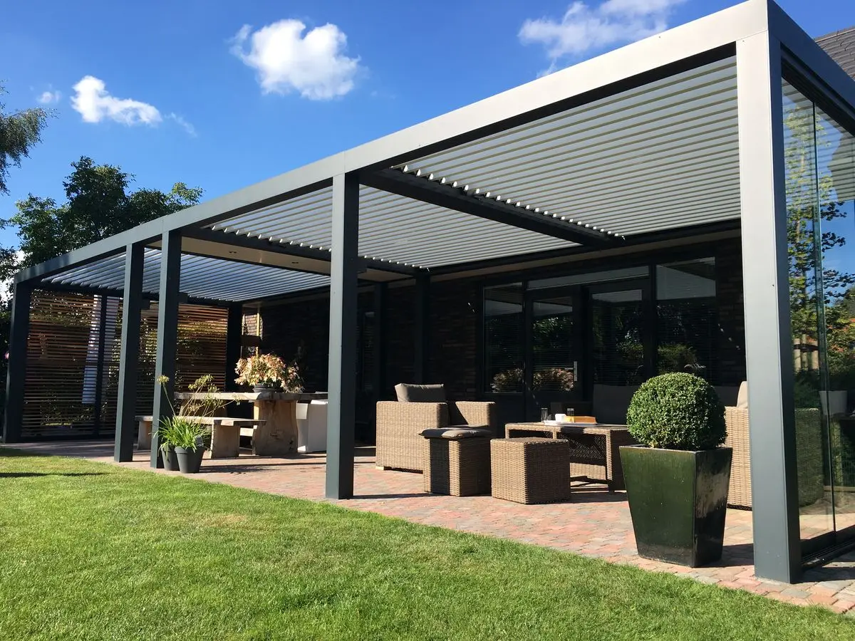 Remote Control Bioclimatic Pergola Louvered Roof System Waterproof Canopy Gazebo with Roller Blinds for Outdoor Sun Shade