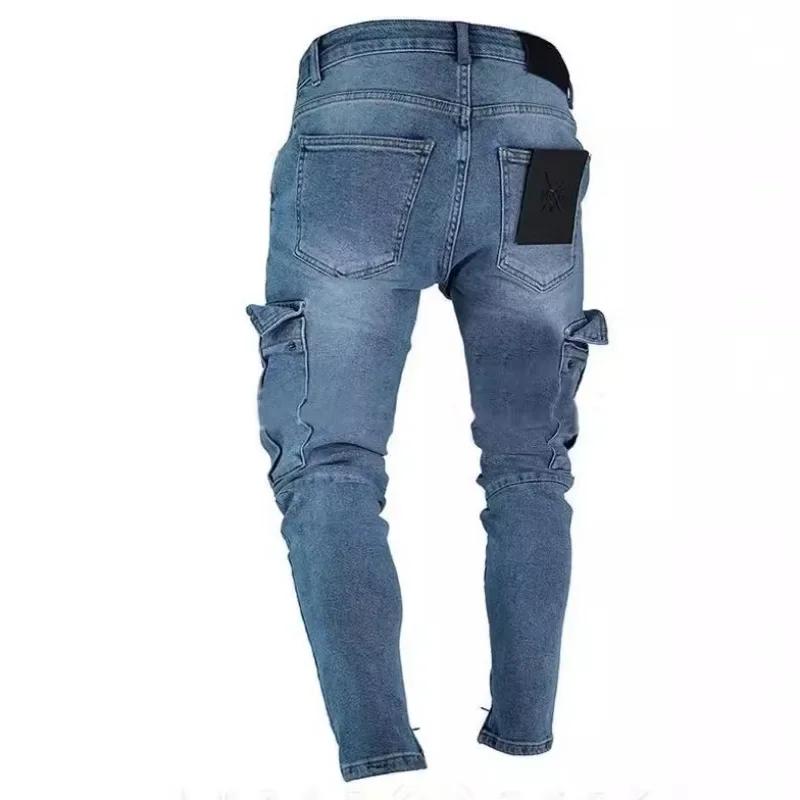 Stretch Mens Jeans Trend Knee Hole Zipper Feet Pants for Men