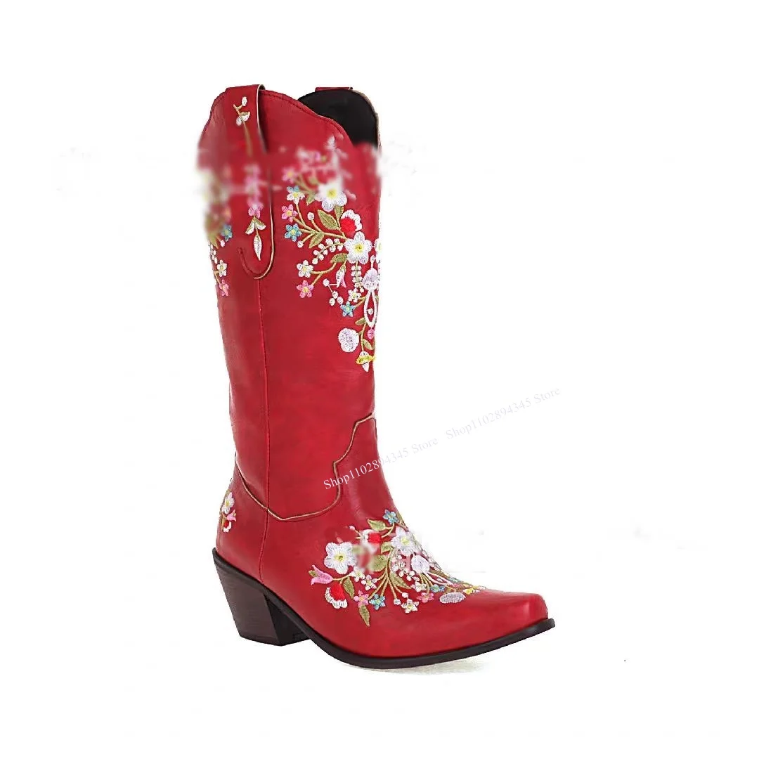 

Red Knee High Flower Pattern Boots Pointed Toe Chunky Heel Fashionable Cool Sexy Western Winter Woman Shoes Zapatillas Mujer