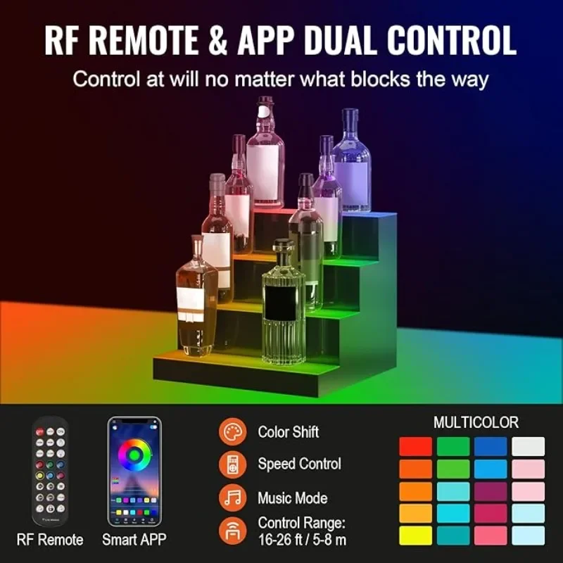 LED Lighted Liquor Bottle Display, 4 Tiers 16 Inches, Supports USB, Illuminated Home Bar Shelf with RF Remote