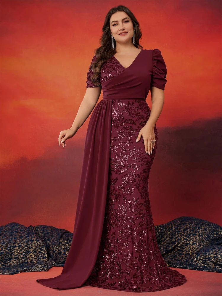 

Plus Size Elegant Short Sleeve Sequins Formal Evening Dresses Women Luxury Mermaid Wedding Party Bridesmaid Gowns