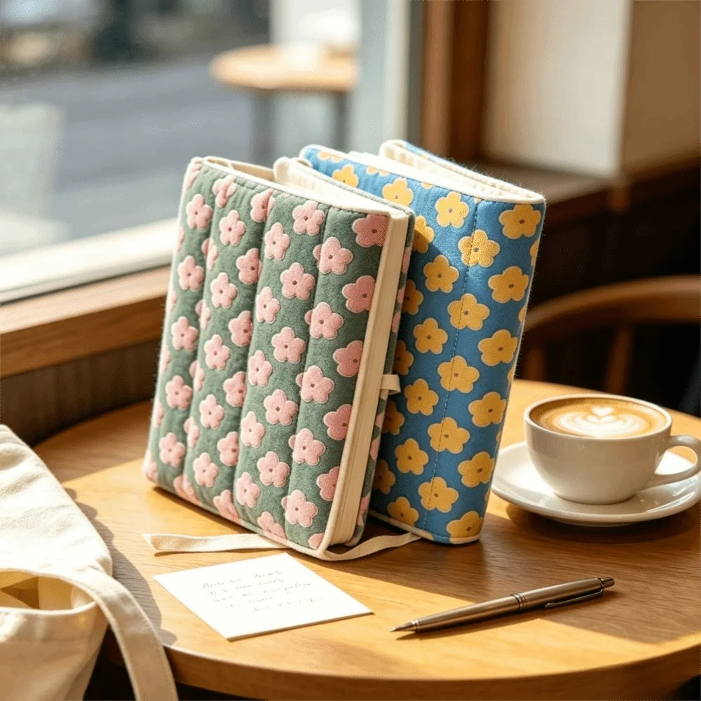 Floral Design Fabric Book Cover Reusable Lightweight Fabric Book Jacket Striped Quilted Fabric Notebook Protector Reading Gifts