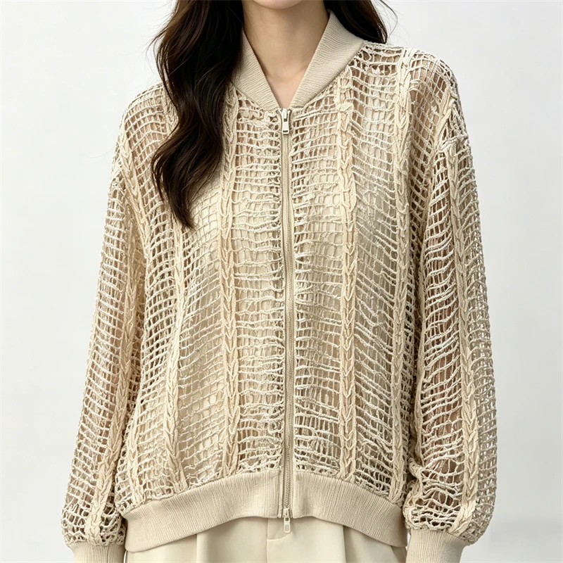 

SummerNew BaseballCollar SequinSplice Mesh Long Sleeve Jacket High Quality Fashion CasualLinen Knitted Loose ZipperOpen Cardigan