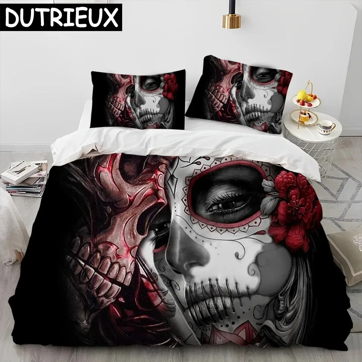 

3D Horror Gothic Female Skull Dead Girl Comforter Bedding Set,Duvet Cover Bed Set Quilt Cover Pillowcase,Queen Size Bedding Set