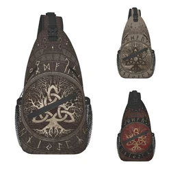 Baum Des Lebens Mit Triquetra Braun Leder Crossbody Sling Rucksack Männer Viking Nordischen Yggdrasil Schulter Brust Taschen für Wandern