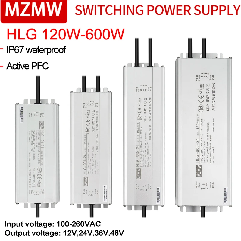 MZMW HLG 120W-600W IP67 Waterproof Industrial Switching Power Supply with PFC 100-260VAC AC-DC 12V 24V 36V 48V Led Driver SMPS