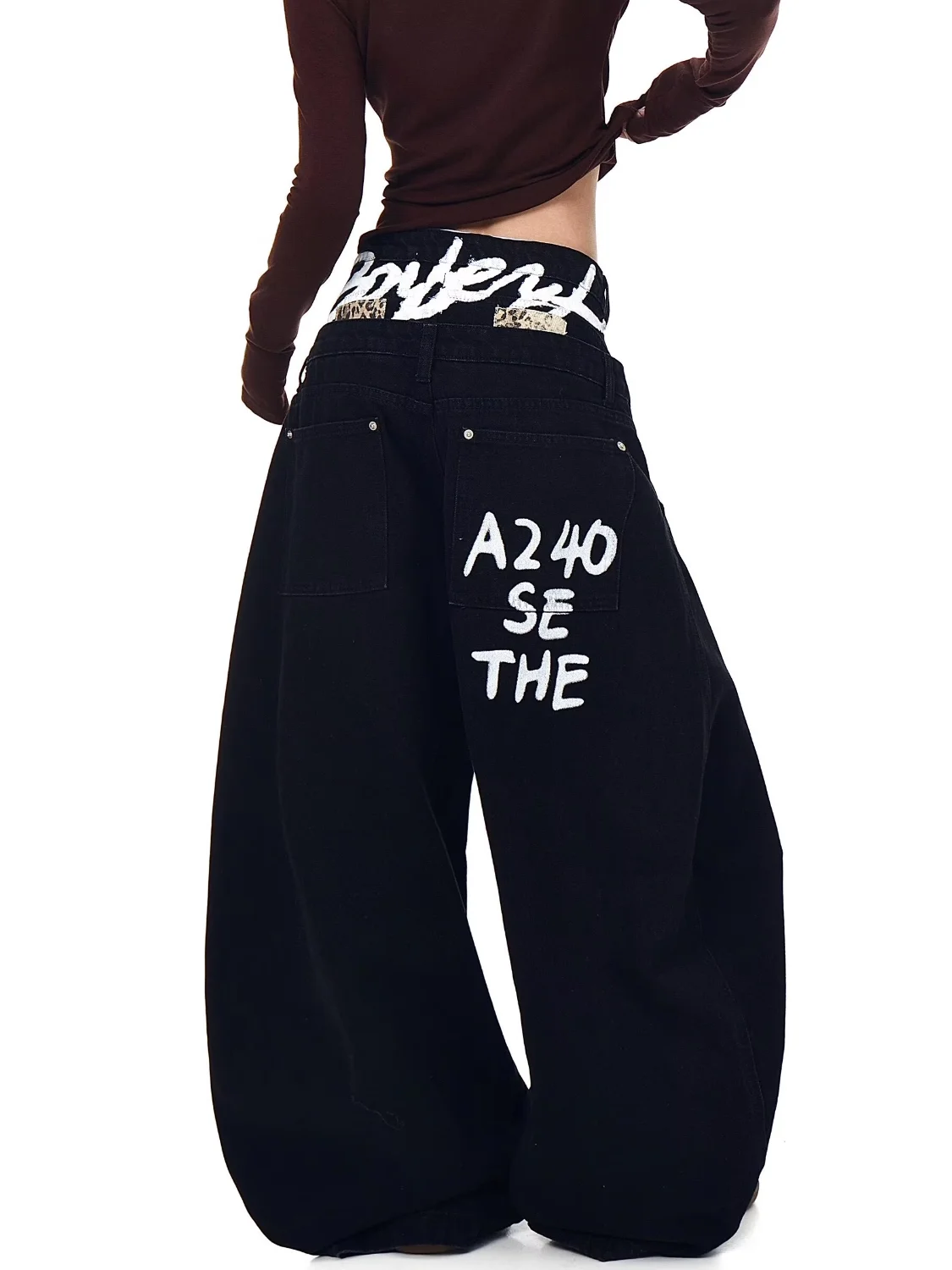 

American Retro Double Waist Letter Print Patchwork Knife Jeans Loose Casual Pants for Men And Women Trendy Straight Leg ...